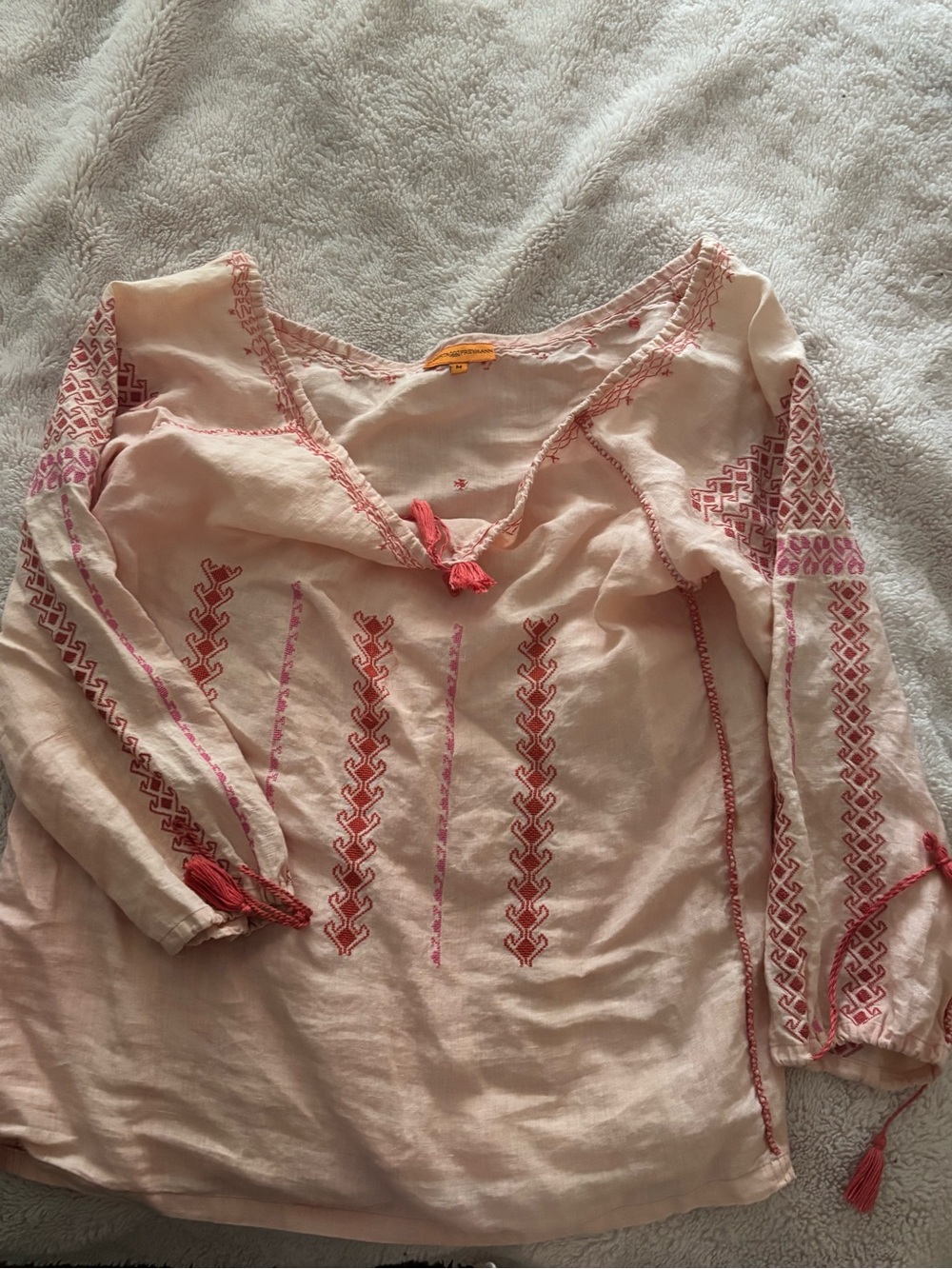 Roberta Freyman Size M Light Pink Embroidered Peasant Top with Tassel Tie